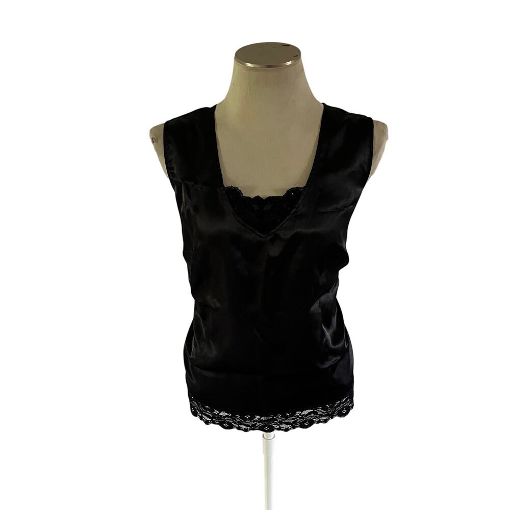 Vtg Y2K 2000s Black Satin Lace Detail Tank Top Plus Sz 18W Whimsygoth Witchy